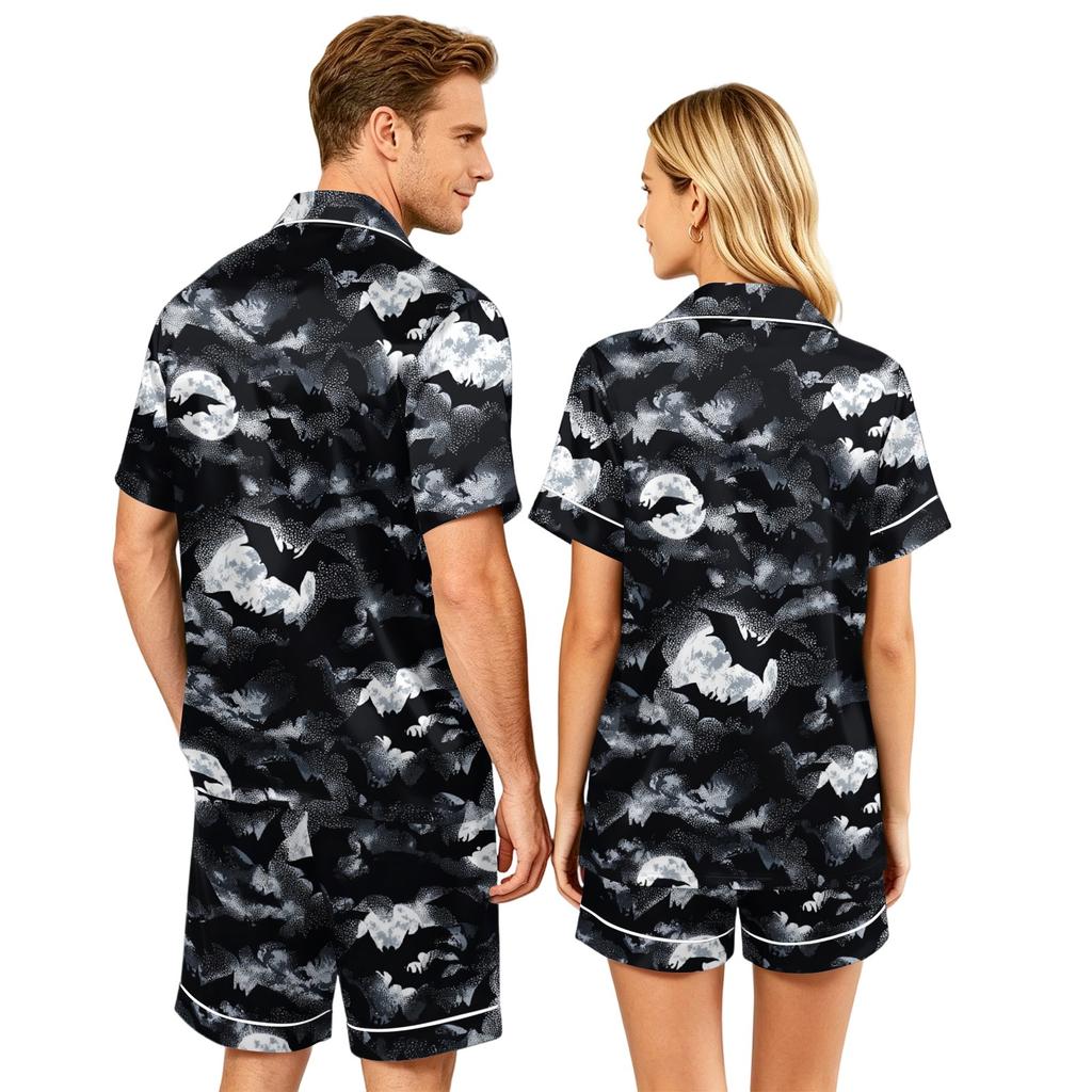 Couple Matching Halloween Pajama Set Short Sleeve Button Down Shirt with Hem and Shorts Soft Casual Sleepwear S-XXXXL