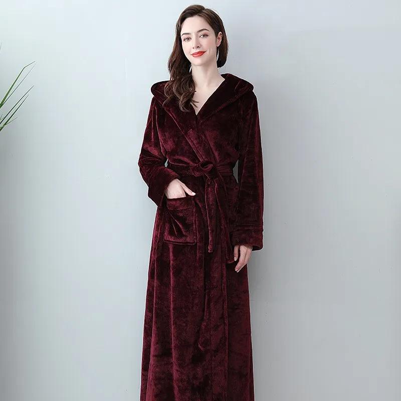 Herfst Winter Nieuwe Koraalfleece Badjassen Met Capuchon Badjas Nachthemd Dames Zacht Nachtkleding Geliefden Lang Kimono Gewaad Verdikken Nachtkleding L
