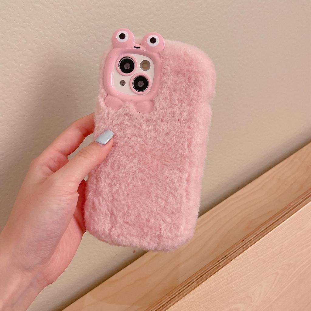 Custodia in Peluche a Forma di Rana per Telefono per iPhone 17/16/15/14 Pro/Pro Max - Morbida, Carina, Cornice Autunnale/Invernale