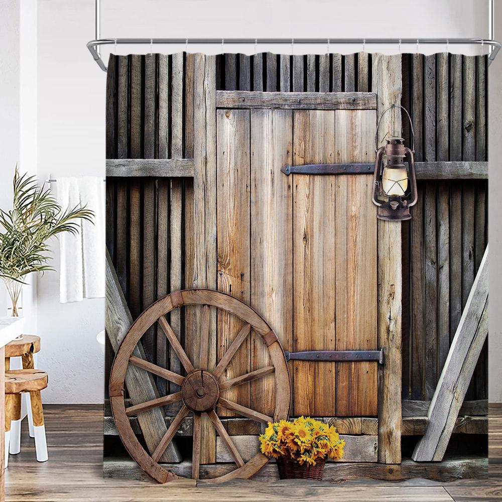 Rustic Barn Door Shower Curtains Rural Life Green Vines Wheel Wooden Plank Door Bath Decor Vintage Western Cowboy Bath Curtain