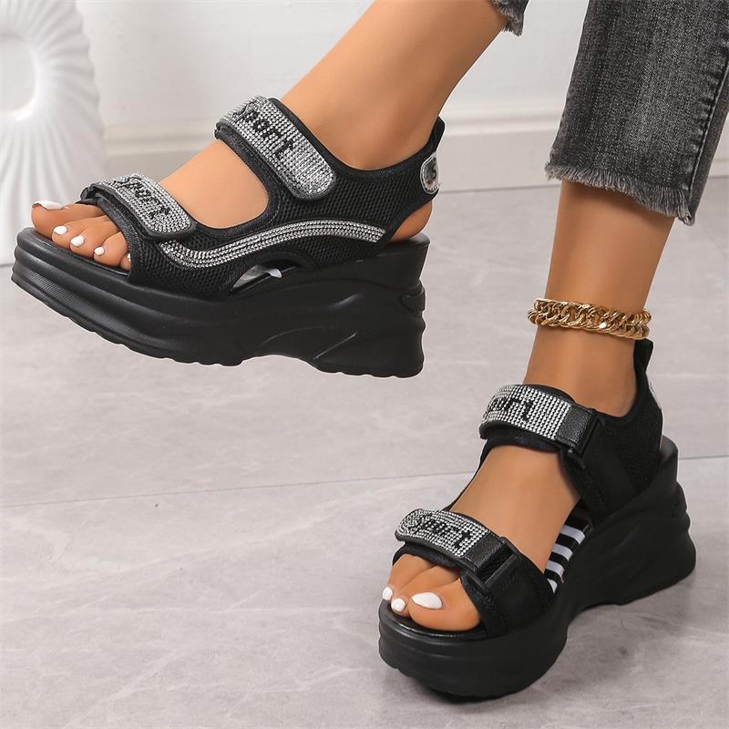 

Large size platform sports sandals women s 2025 summer new Velcro rhinestone casual dad high heel sandals 42 чёрный