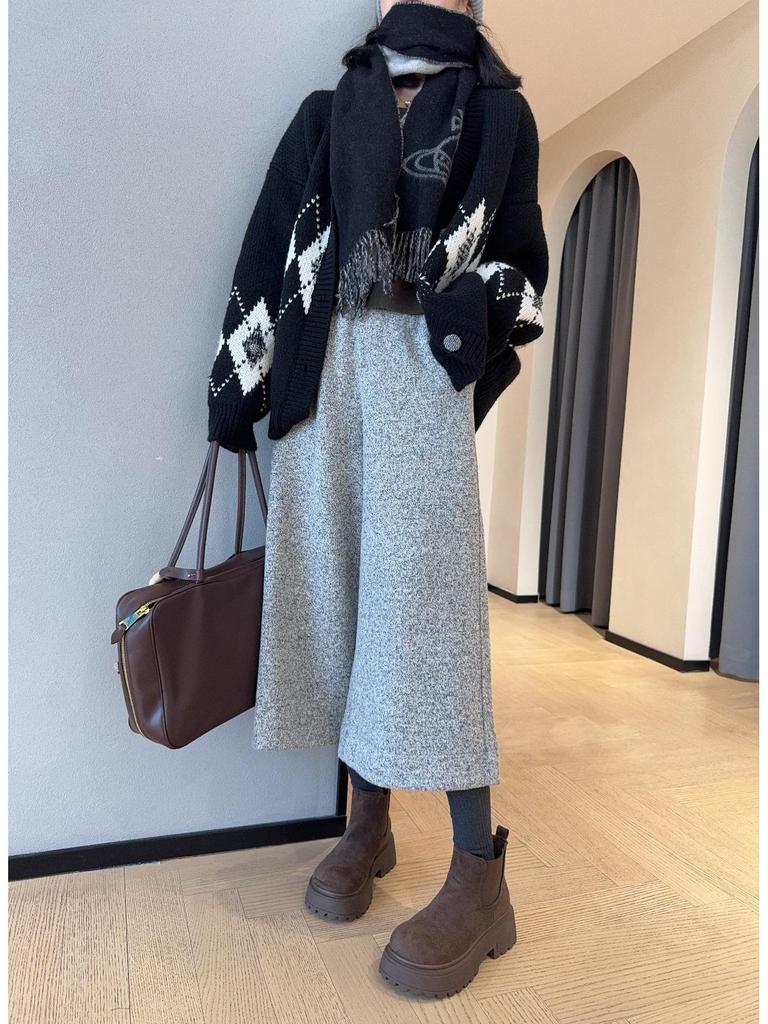 Elegant Wool Blend Bootcut Wide-Leg Cropped Trousers - Warm and Slimming for Autumn/Winter 2025