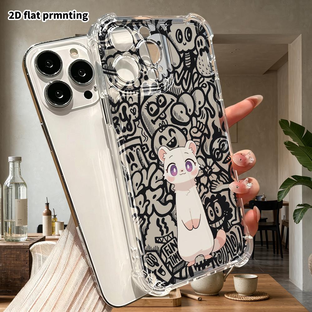 Phone Case: 2D Flat Suitable for iPhone 18 17 16 15 14 13 Pro, Transparent Four Corner Protective Case, White Ferret, Christmas and Halloween Gift