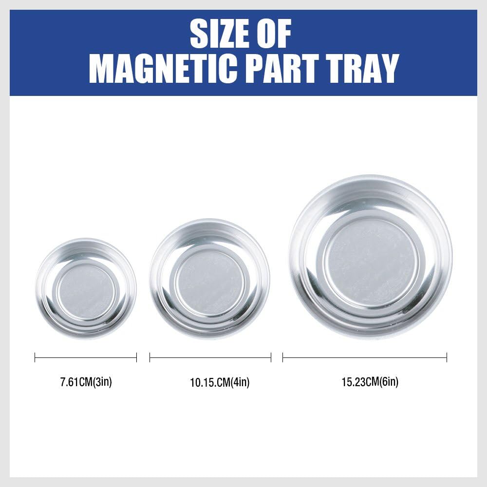 HORUSDY Magnetic Tray | 3-Piece | Round Magnetic Parts Tray | 3 Inch 4 Inch 6 Inch Magnetic Tray For Mechanic'S | Stainless Steel