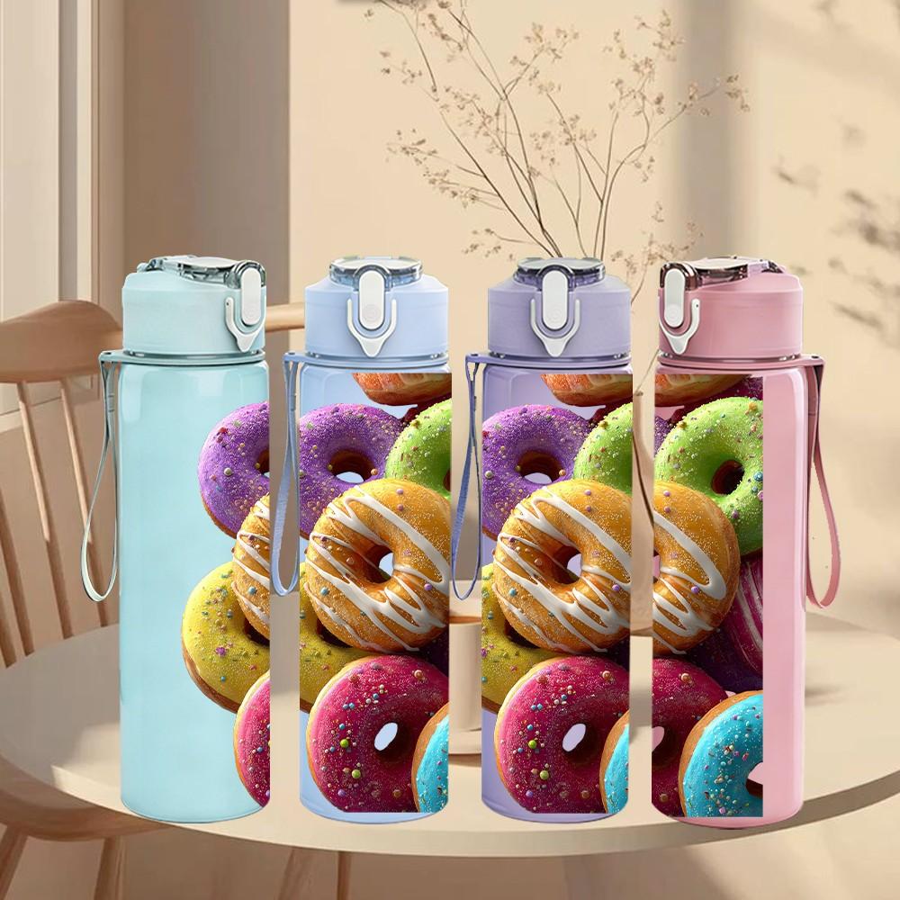 1PC Pile Of Color Donut Sweet Food Print 750ml Color Plastic Sports Water Bottle Leakproof Flip Straw Lid Suitable for Sports Office Home Use