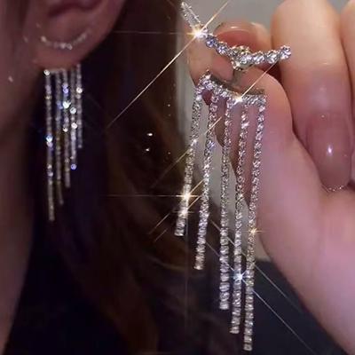 2 piezas de delicados pendientes largos con borlas y diamantes de imitación de cristal brillante para mujeres y niñas, pendientes colgantes de Kpop coreano, joyería para banquetes y fiestas