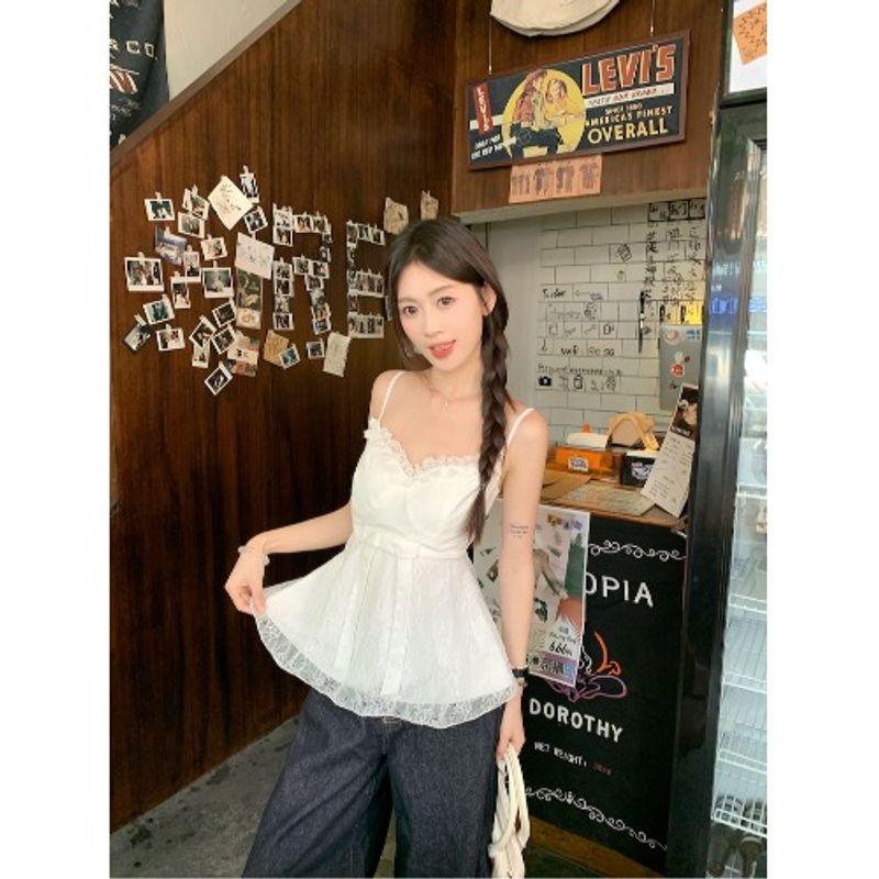 Kumikumi Sweet Gyaru Style Contrast Color Lace Cami Women Summer Bow Waist Hugging Age Reducing Sleeveless Top