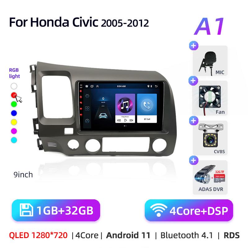 9" Android 12 Carplay Car Stereo Radio for Honda Civic 8 2005 - 2012 Multimedia Player Navigation GPS 2 Din 4G Audio DVD