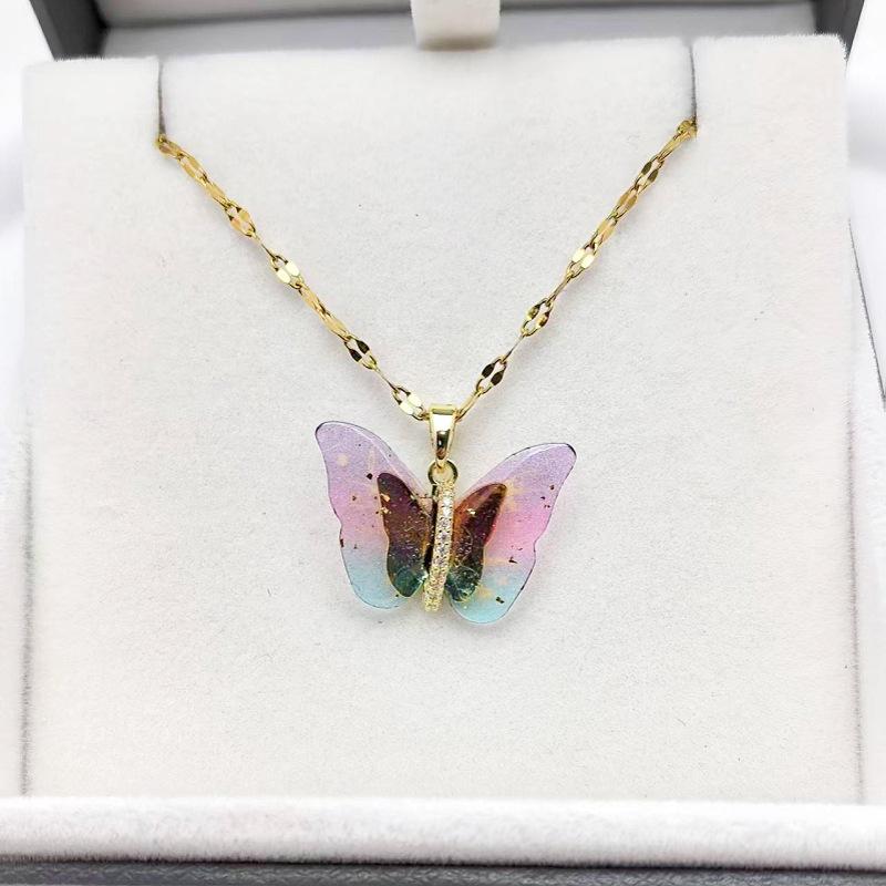 1 Pcs Fashion Fairy Color Butterfly Copper Pendant Necklace Women's Collarbone Chain Girls' Elegant Minimalist Accessories