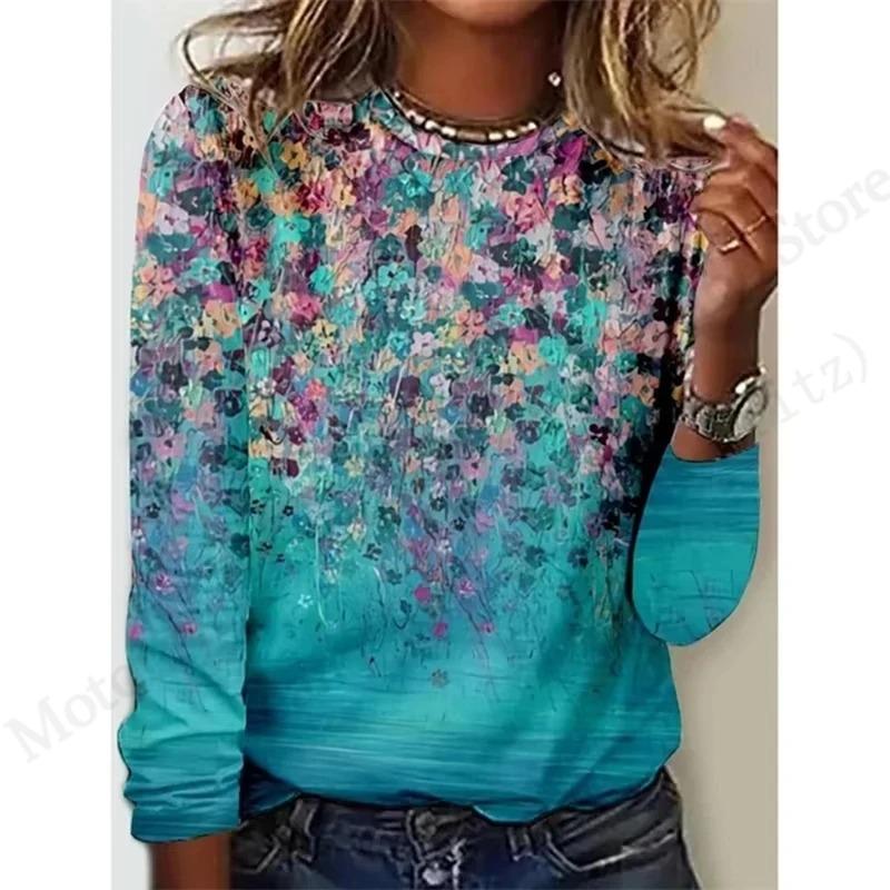 2025 New Floral 3d Print T-Shirt Casual Crew Neck Long Sleeve T-shirt Women's Clothing Fashion Casual Oversized Tops Tees Female