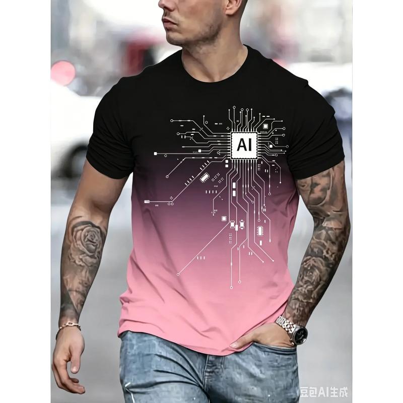 2026 New Men's AI Circuit Board Print T-shirt Gradient Crew Neck Short Sleeve Casual Tee for Streetwear Summer Breathable Tops