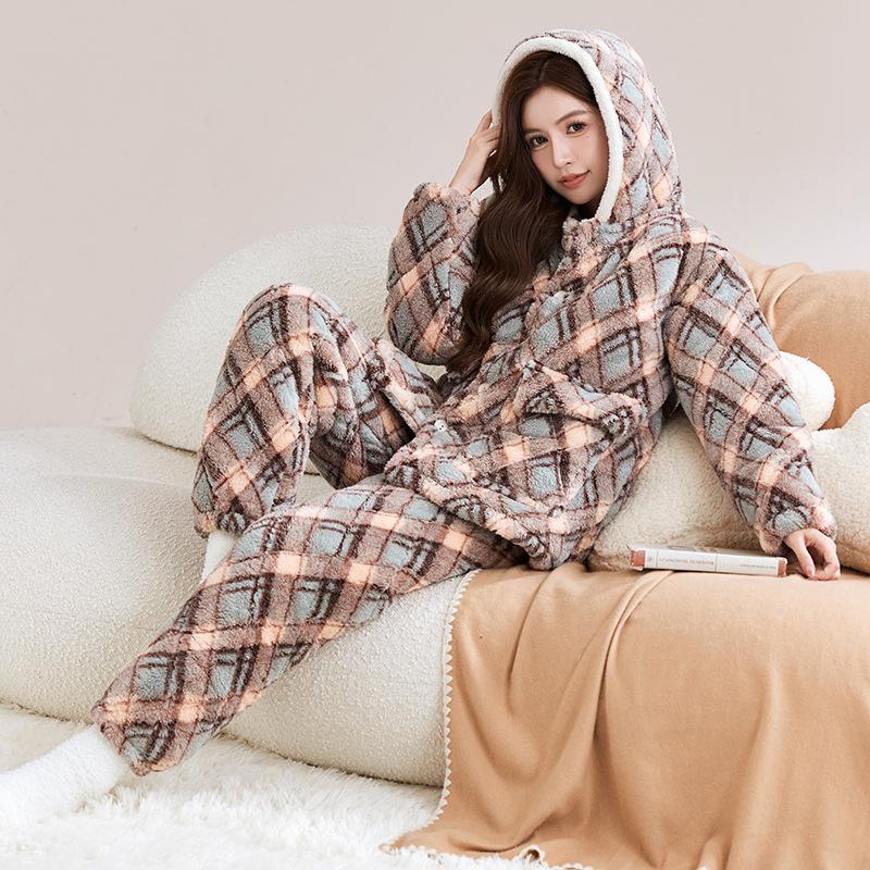 Damen Winter-Schlafanzug, dreilagig gesteppt mit Baumwolle und Fleece für Wärme, große Größen können auch draußen getragen werden, niedliche Korallfleece-Loungewear