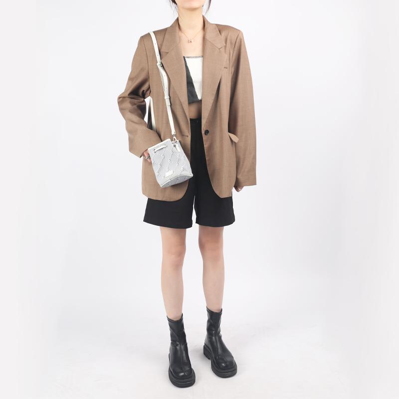 New MLB Monogram Collection Polyester Bucket Bag, Shoulder Bag, Crossbody Bag Mini Unisex Light Gray 3ABMS022N-43GRS