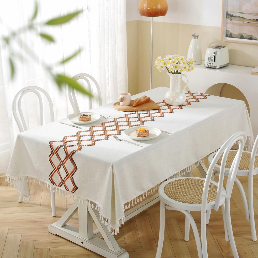 Hollow Cross Tassel Solid Color Dining Table Fabric Table Mat Solid Color Striped Cloth Cover Table Decoration Table