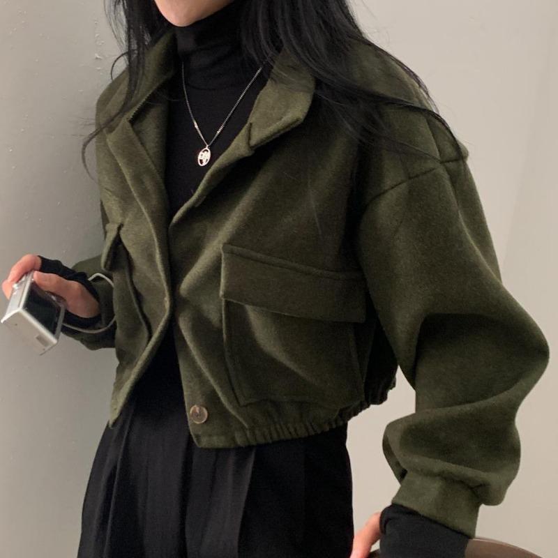 Autumn and Winter Fashion Stand-up Collar Women Short Coats Loose Casual Long Sleeve Office Shirt Ladies Elegant Simple Pockets Jackets Clothing