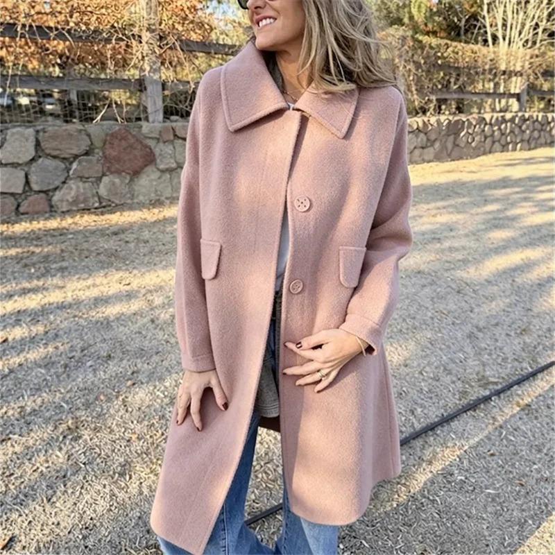 Autumn and Winter New Solid Color Casual Single-breasted Woolen Jacket Coat Women