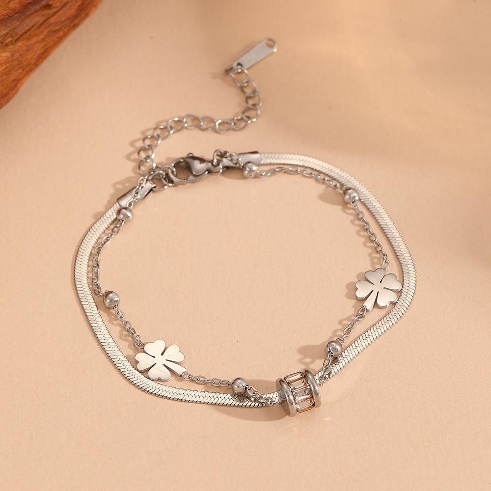 Stainless Steel Four-Leaf Clover Beaded Ornament Set - Non-Fading, Double Layer Design, European & American Style