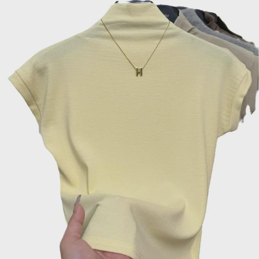 Damen Schwarzes Slim Kurzarm T-Shirt mit Halbochkragen, Frühjahr/Sommer Kollektion 2025