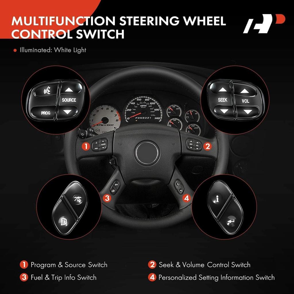 A-Premium 4pcs Steering Wheel Radio Volume Control Switch Buttons for Chevrolet Silverado Tahoe Trailblazer GMC Sierra Yukon Hummer H2 2003-2007