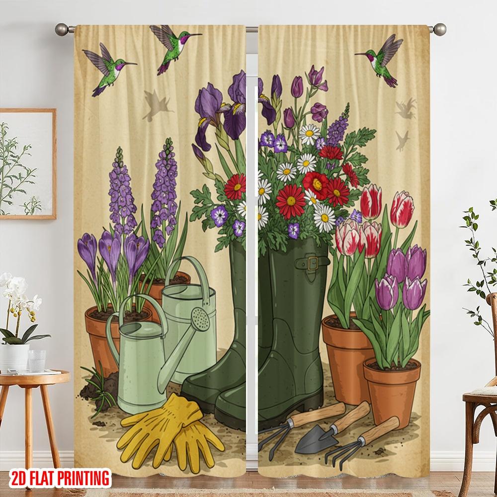 2 Stück 2D Flachdruck Vorhang Vögel Blumen Stiefel Garten Polyester Ohne Strom Geburtstagsfeier für Feiertag Familie