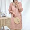 Women New Chinese Style Floral Embroidery Linen Dress Round Collar Frog Button Three-quarter Sleeve Casual Loose Fit Midi Dress