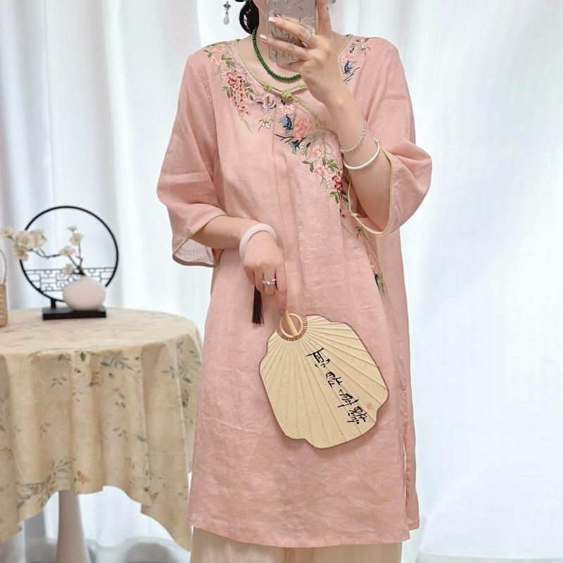 Women New Chinese Style Floral Embroidery Linen Dress Round Collar Frog Button Three-quarter Sleeve Casual Loose Fit Midi Dress