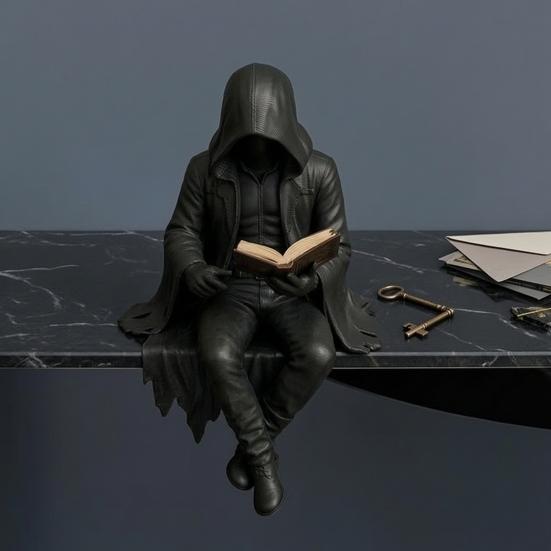 Statua di Uomo con Veste che Legge Mistero Gotico Statuetta Lettura Fantasy Veste Nera Scultura Seduta per Decorazione Libreria Scrivania di Halloween