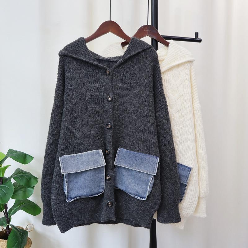 Hooded Splicing Denim Pocket Knitted Cardigan Autumn and Winter New Medium and Long Loose Sweater Jacket Women