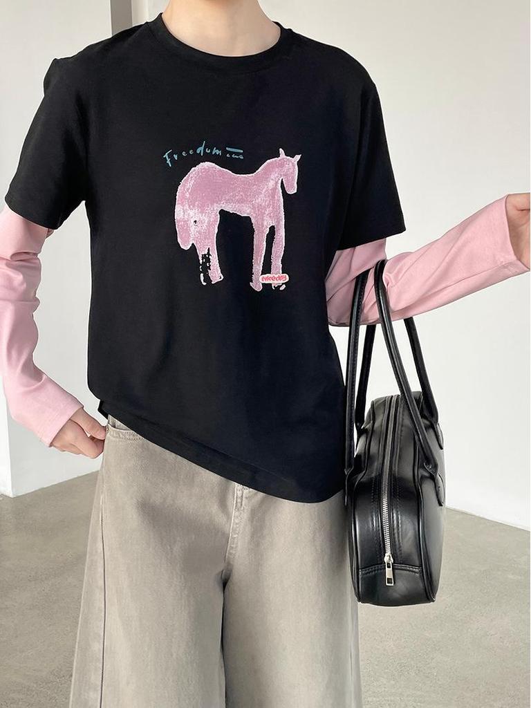 Taoguan Frühling Damen Schlankmachendes Rundhals-T-Shirt mit kleinem Pferdeaufdruck Two-in-One