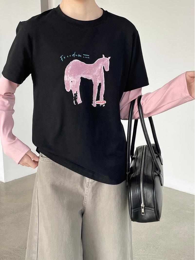 

Taoguan Early Spring Women s Slimming Round Neck Little Horse Print Two-in-One T-Shirt One Size чёрный