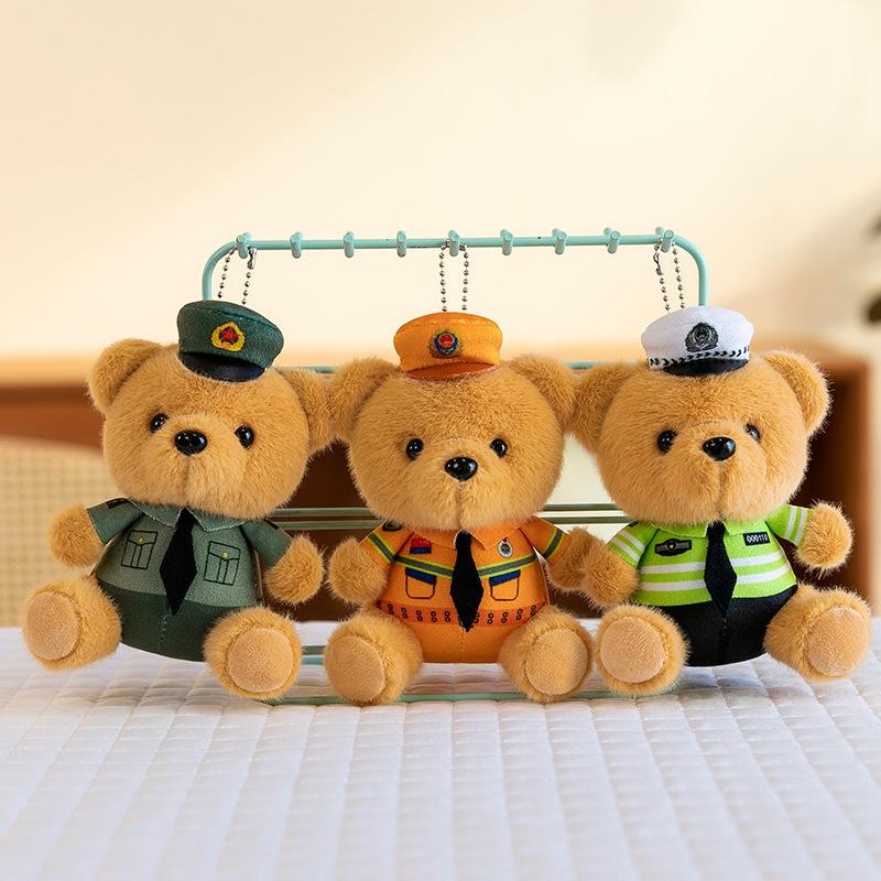 Bear Plush Toy Police Bear Doll Cute Firefighter 4 Inch Doll Schoolbag Grab Machine Doll Pendant