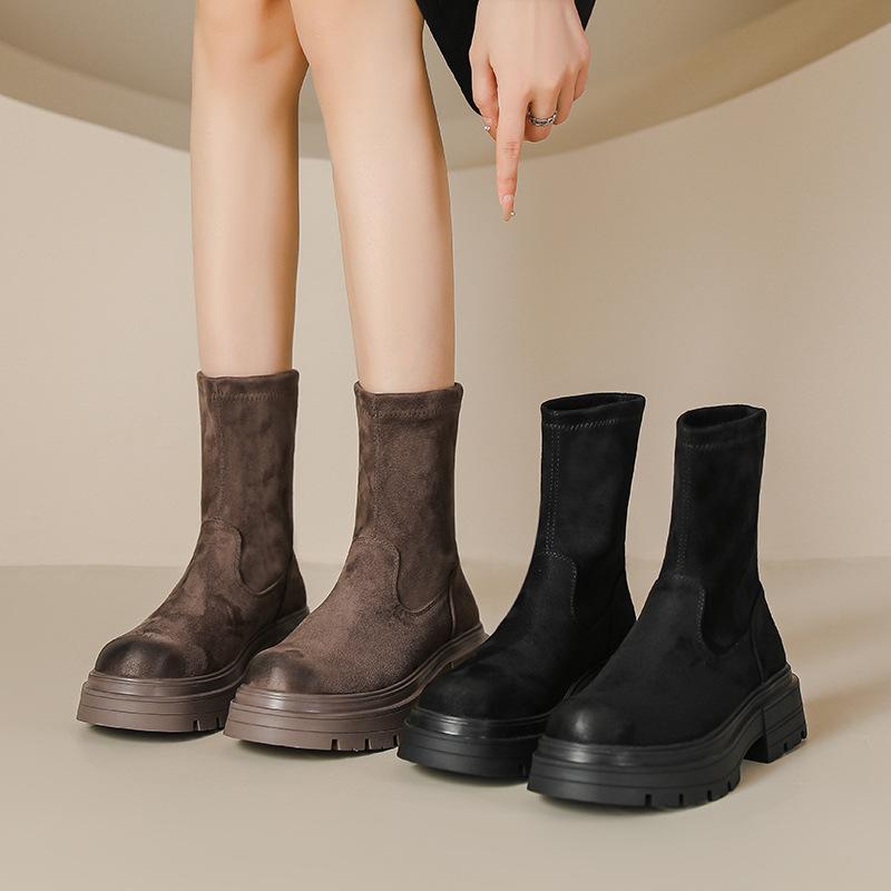 Colored short boots women's autumn and winter new British style retro elastic thin boots thick-soled short boots suede knight boots