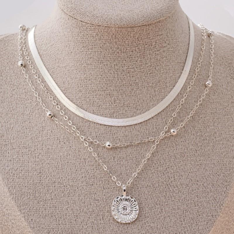 Silver Color Multi-layer Round Pendant Necklace for Women Exquisite Three-Layer Sweater Chain Jewelry for Gifts