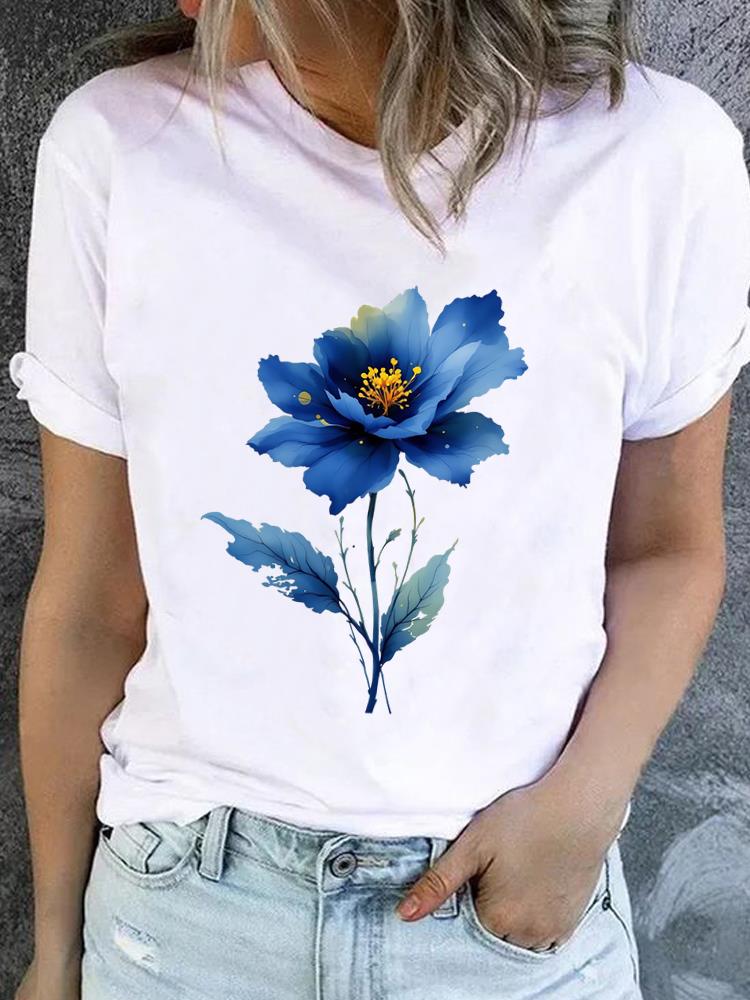 (Asian Size) Lovely Flower Style Casual Short Sleeve T Tee Top Clothing Shirt Women Printed Lady Fashion Female Graphic T-shirts