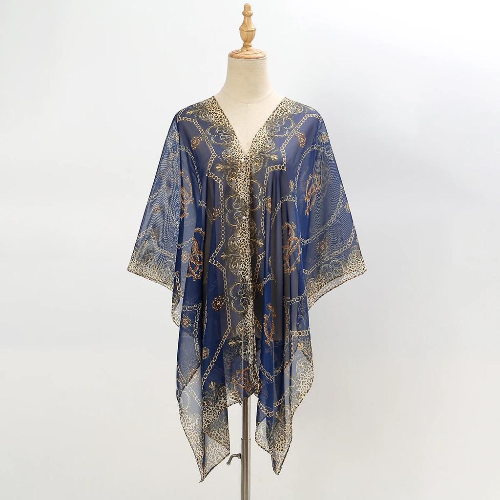 Vintage Print Chiffon Shawl Pearl Scarf Women Sun Protection Scarves Summer Beach Multifunctional Silk Scarf 150*100Cm