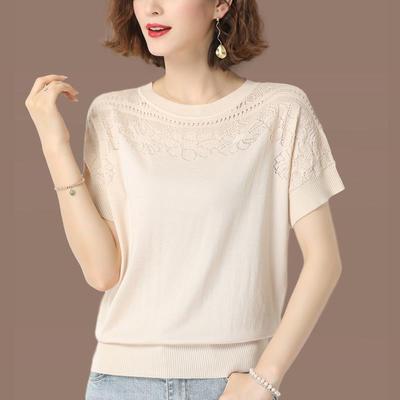 Dames T-shirt met korte mouwen van ijssilk, dun, zomerartikel, nieuw, gehaakt, holle ajour, veelzijdig, ademend, los gebreid topje