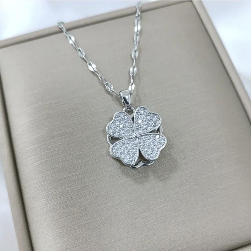 Lucky Fortune Amulet Four Leaf Clover Pendant Necklace 360° Rotation Zircon Decompression Accessories Jewelry Gift for Women