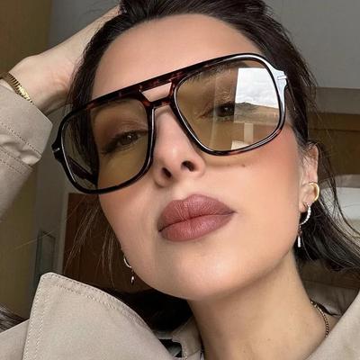 Vintage Double Bridge Black Sunglasses Women Oversized Square Frame Luxury Shades Sun Glasses Female Pilot Eyewear
