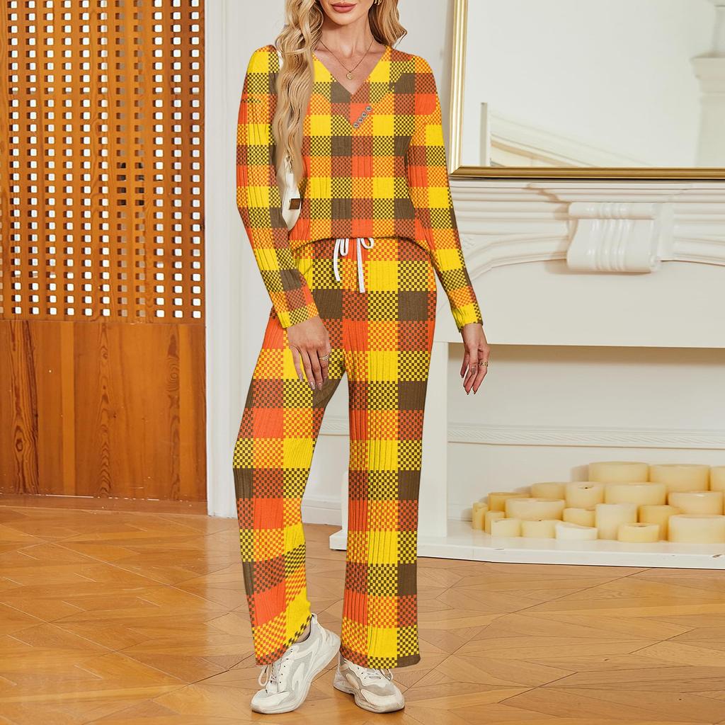 Women's V-Neck Long Sleeve Printed Pajama Set with Pockets - Loose Fit Casual Sleepwear for