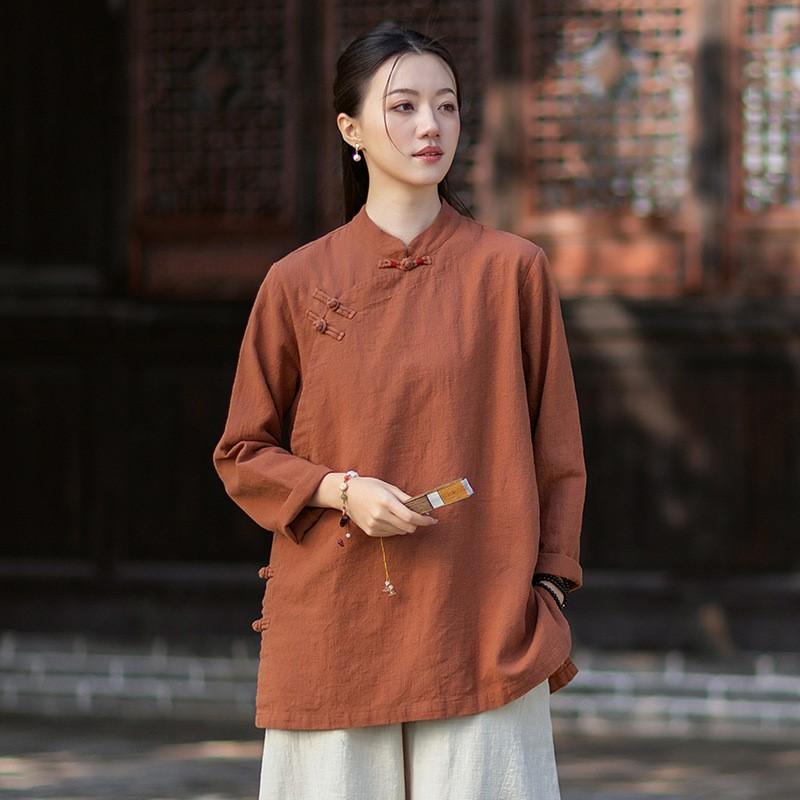 Johnature Women Shirts Vintage Blouses Spring Chinese Style Solid Color Tops Stand Long Sleeve Button Shirts