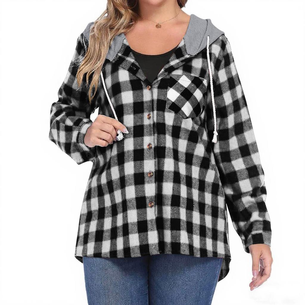 Women Long Sleeve Plaid Jackets Shirt Long Sleeve Casual Loose Coat Outwear