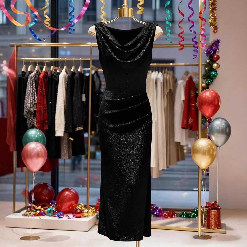 Abito Maxi Bodycon Senza Maniche con Scollo a Cappuccio Scintillante da Donna Elegante Abito da Festa Sera Cocktail