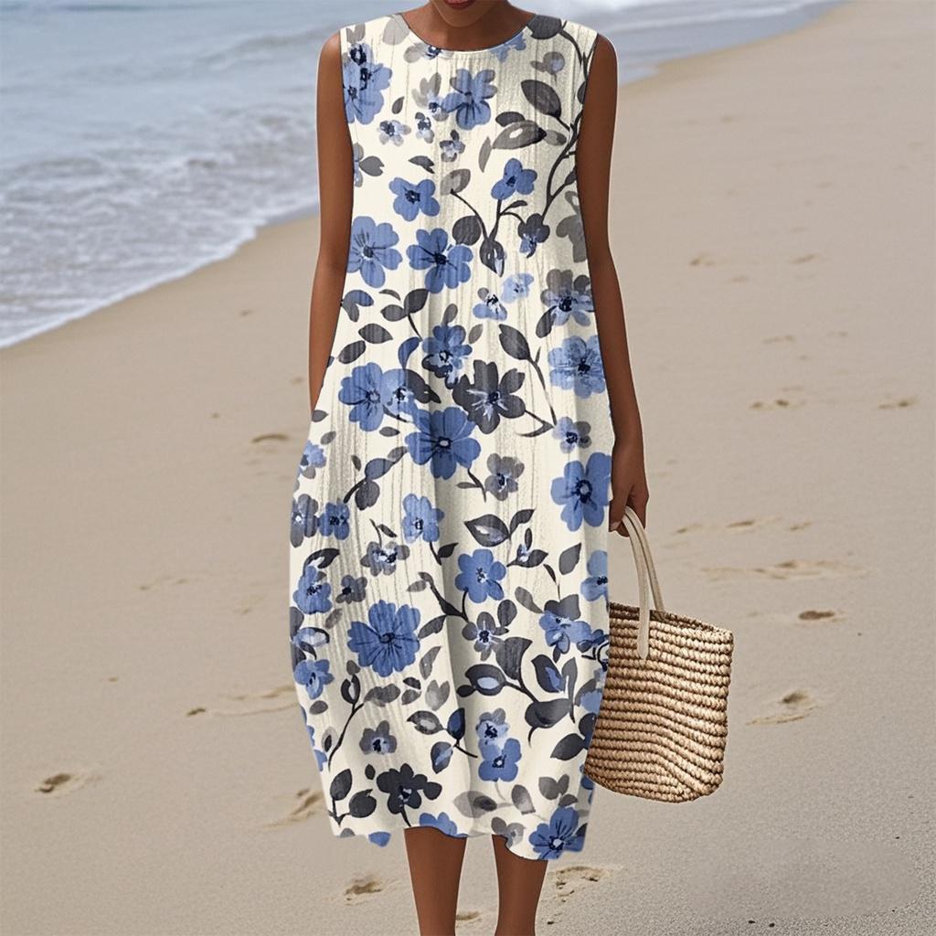 Women's Fashion Casual Sleeveless Round Neck Floral Elegant Temperament Dress