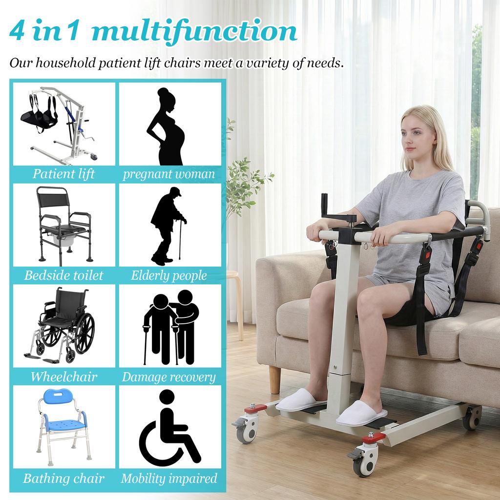 Portable Car Patient Lift Aid Transport Chair W/Adjustable Height & Width Patient Transfer Aid with Wheels for Elderly & Disable