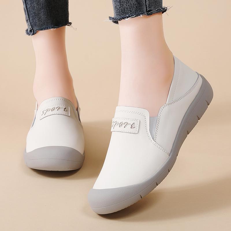 Genuine Leather Women's Flats 2 In 1 Casual Shoes Ladies Elastic Walking Shoes Slip-on Loafers Round Toe Slippers Waterproof Working Shoes