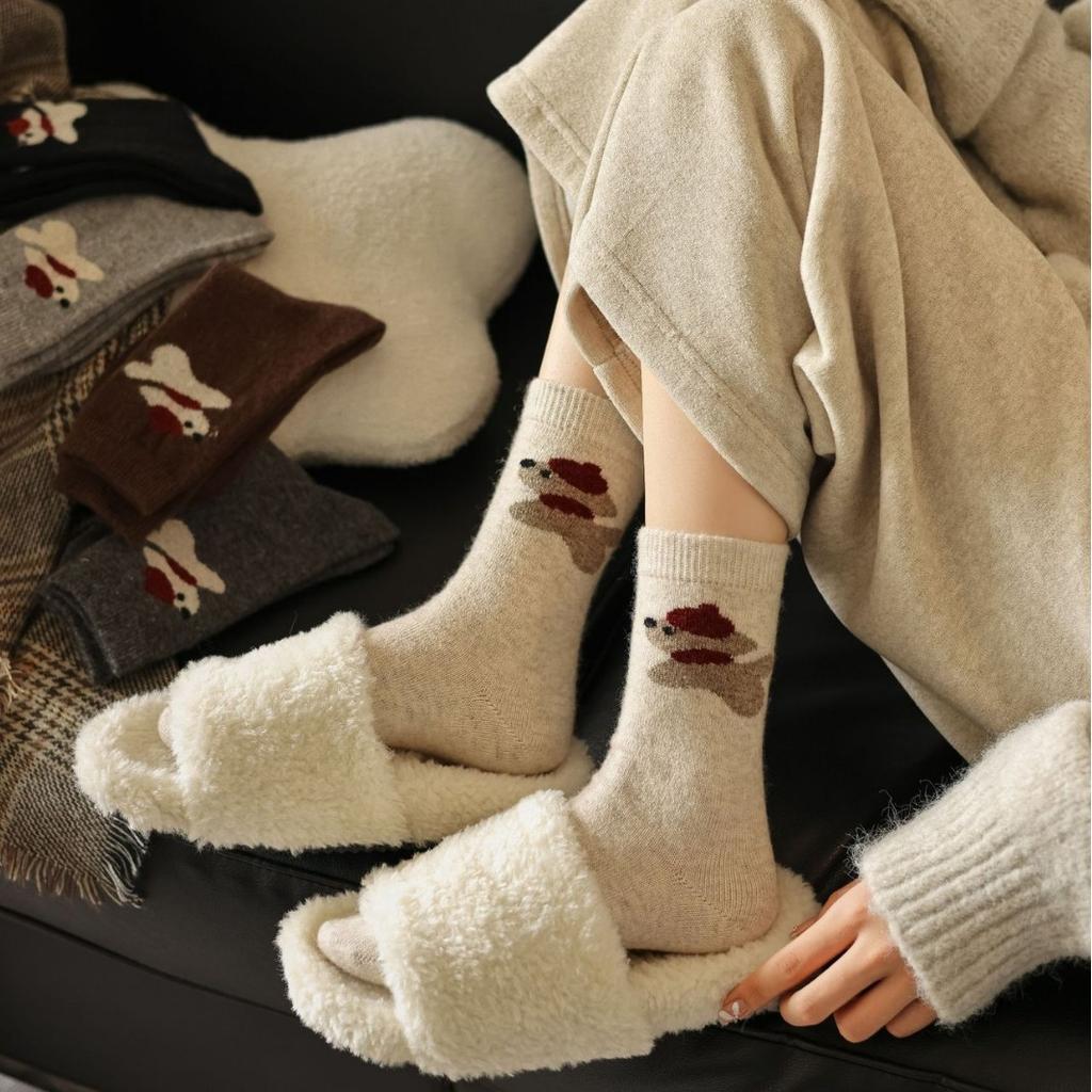 Socks Women'S Thickened Warm Wool Socks Cartoon Puppy Cute Versatile Medium Tube Socks Fleece Soft Stacking Socks