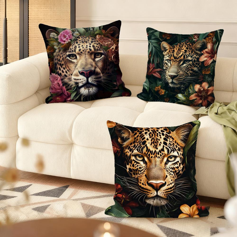 Leopard With Wreath Animals Cushion Cover Soft Short Plush Pillow Cover Smooth Cozy Texture Aesthetic Cushion Case Home Decor