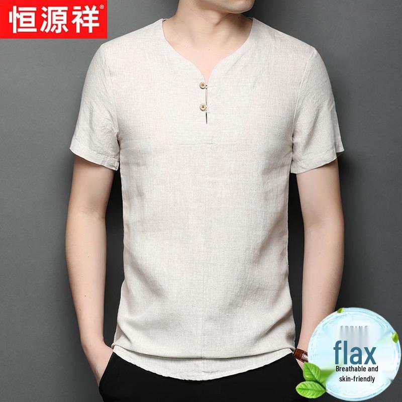 Hengyuanxiang Men's 100% Linen Short Sleeve T-Shirt