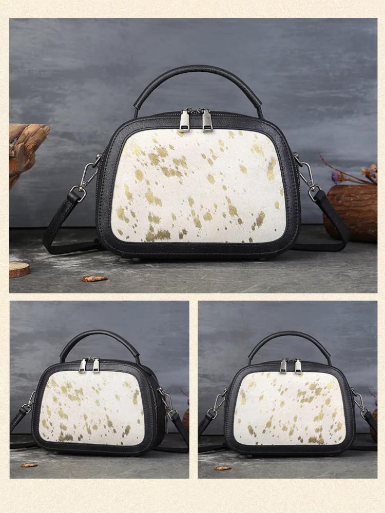 Johnature Fashion Leopard Pattern Women's Bag Genuine Leather Splice Horse Hair Handbag Versatile Shoulder Bags