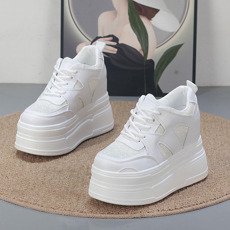 Fashion 10CM Air Mesh Genuine Leather Shoes Platform Wedge Skate Boarding High Brand Heels Casual Women Vulcanized Summer Shoes